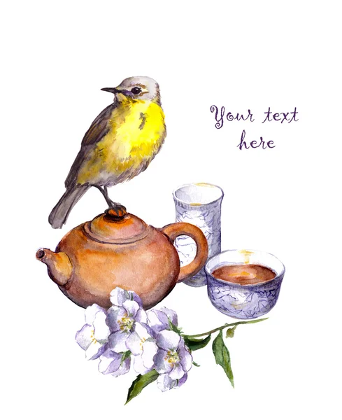 Set de thé traditionnel, fleurs et oiseaux. Aquarelle — Photo