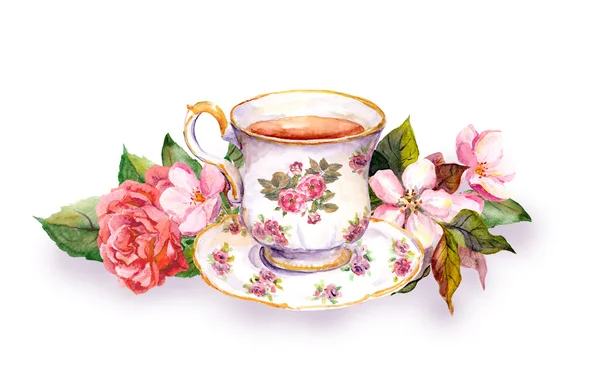 茶杯和茶锅与粉红色的花朵。水彩 — 图库照片