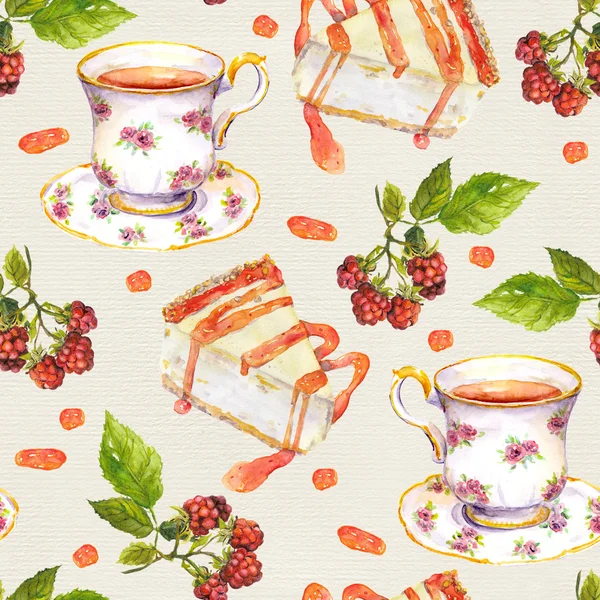 Бесшовный фон - чашка чая, ягоды, варенье, сырные пирожные. Акварель — стоковое фото