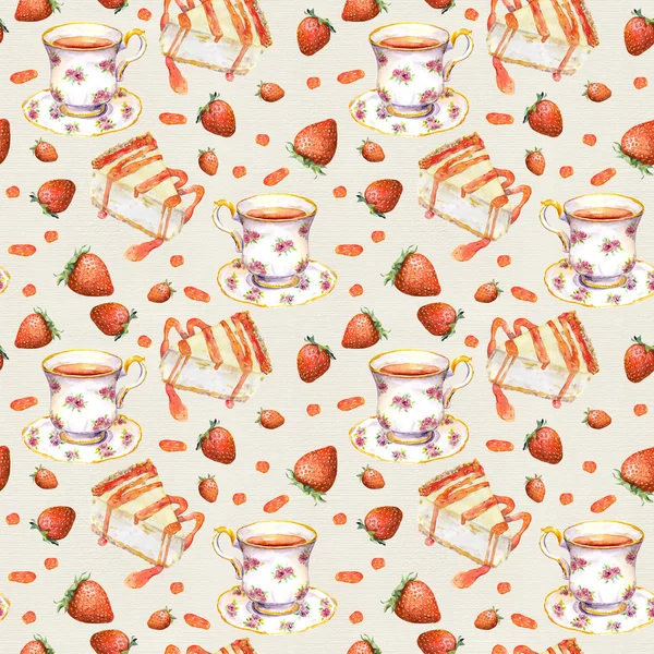 Tea background - cake, teacup, strawberry. Seamless pattern. Watercolor