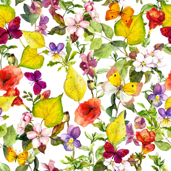 Autumn flowers, butterflies. Ditsy repeating floral pattern. Watercolor — Stock Photo, Image