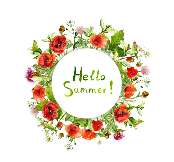 Meadow poppies flowers, grass. Summer floral wreath. Watercolor card — Stock Photo, Image