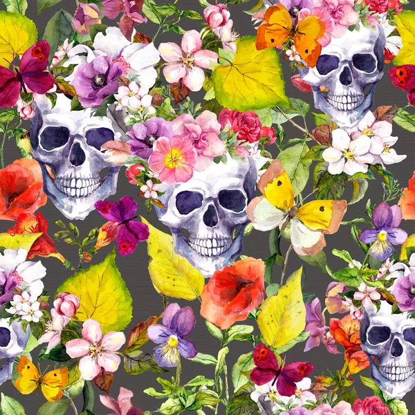 Calaveras humanas, flores, hojas de otoño. Patrón sin costuras. Acuarela —  Fotos de Stock