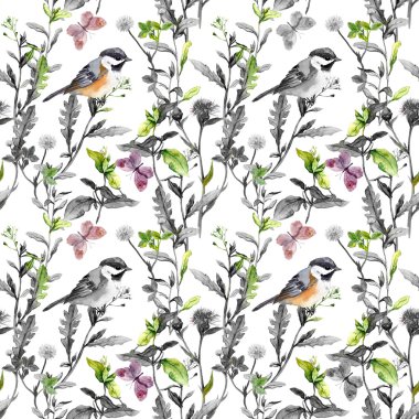 Çayır çiçekler, kuşlar. Çiçek yinelenen desen - tek renkli renkler. Suluboya