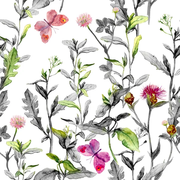 Luční květiny. Bezproblémové rostlinné zázemí v černo bílé barvy. Akvarel — Stock fotografie