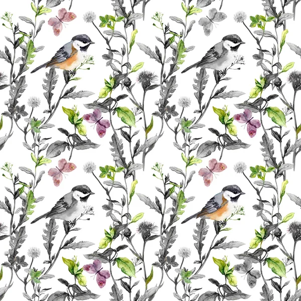 초원 꽃, 새입니다. 꽃 반복 패턴-흑백 색상. 수채화 — 스톡 사진