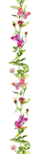 Fjärilar i ängen örter. Blommig akvarell. Upprepade gränsen — Stockfoto