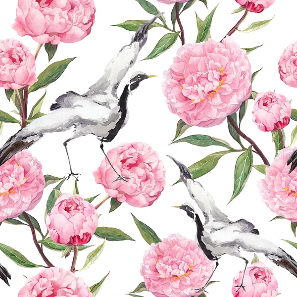 Crane fåglar dans, pion blommor. Upprepande asiatiska blommönster. Akvarell — Stockfoto
