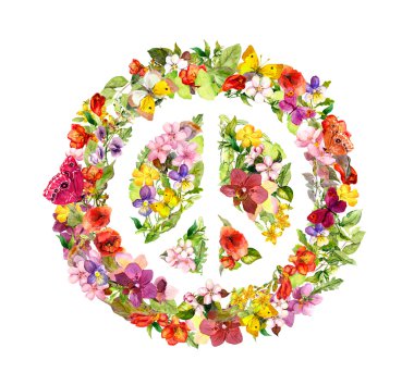 Çiçekler, kelebekler çiçek barış işareti. Suluboya