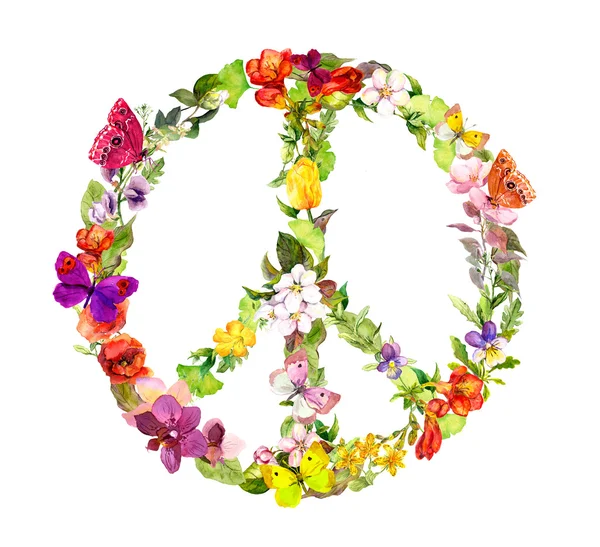 Floral peace sign with flowers, butterflies. Watercolor — Stock Photo, Image