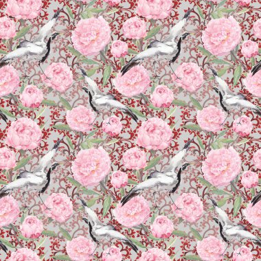 Vinç kuşlar, Şakayık çiçekleri. Çiçek yinelenen desen, Asya. Suluboya