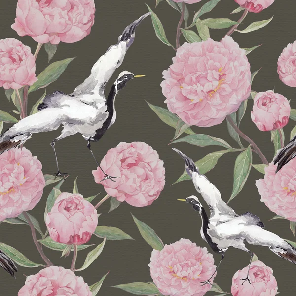 Daru madarak, bazsarózsa virágok. Virágos ismétlődő háttér. Akvarell — Stock Fotó