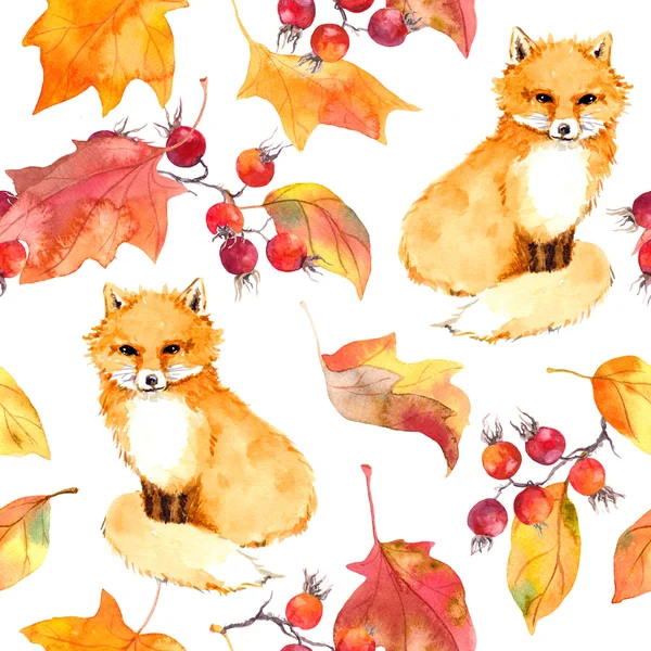 Rode bladeren, fox dier. Naadloze herfst patroon. Aquarel — Stockfoto