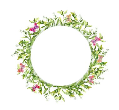 Çelenk kenar çerçevelemek - yaz otlar, çiçekler, kelebekler. Suluboya