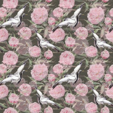 Vinç kuşlar, çiçekler, el yazılı metin. Çiçek seamless modeli. Suluboya