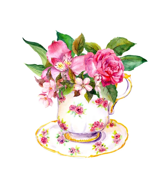 バラ、ピンクの花でビンテージの茶碗。ティー パーティーの水彩画 — ストック写真