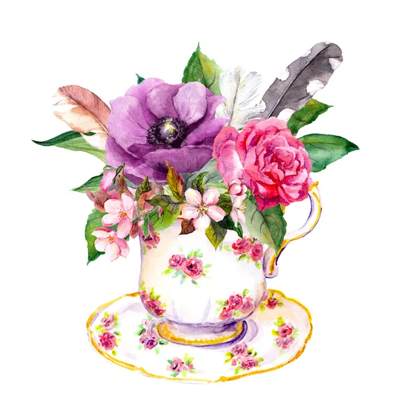 Boho tea cup - rose flowers, vintage feathers. Teatime watercolor — Stock Photo, Image