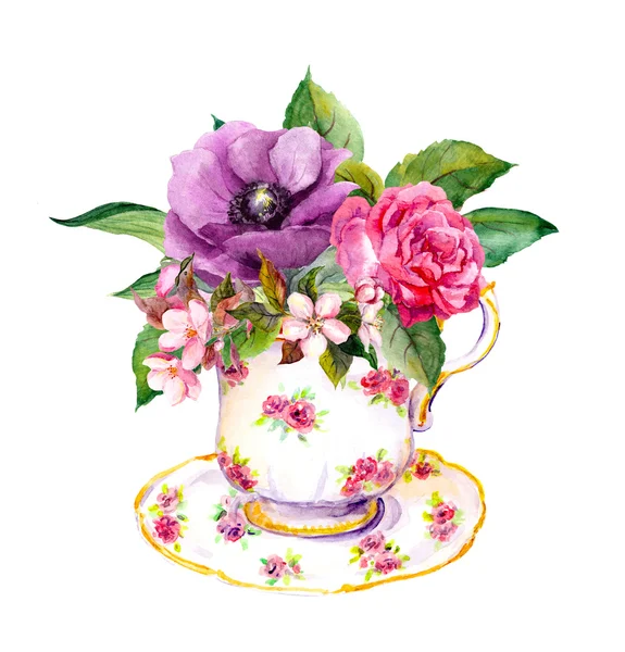 Tasse à thé avec des fleurs roses. Aquarelle pour thé — Photo