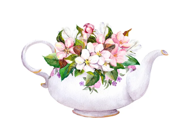 Vintage tea pot - apple, cherry flowers. Watercolor — Stock Photo, Image