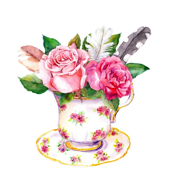 Tasse à thé aux fleurs roses, plumes vintage. Aquarelle pour thé — Photo