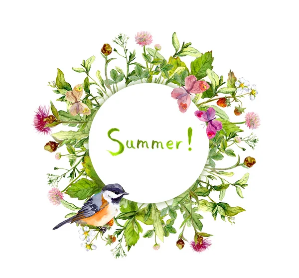 Wreath frame - summer flowers, bird, butterflies. Watercolor card, round border — Stock Photo, Image
