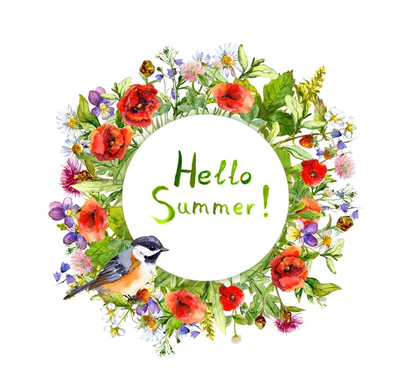 Blossom flowers, garden grass, summer herbs, bird. Floral wreath. Watercolor card — Stock Photo, Image