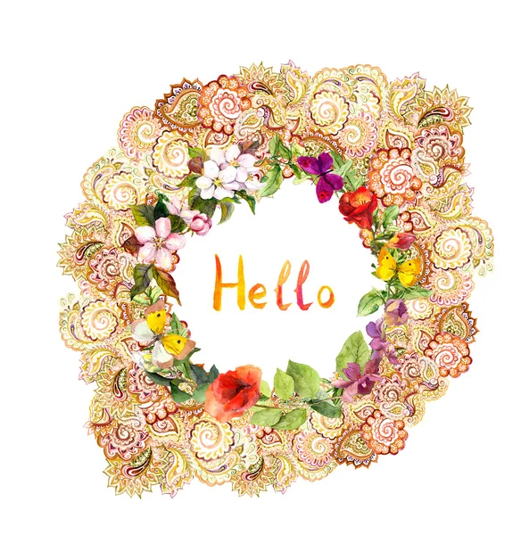 Květinovým kartu - Hello, ozdobený věnec. Luční květiny, motýli. Akvarel — Stock fotografie