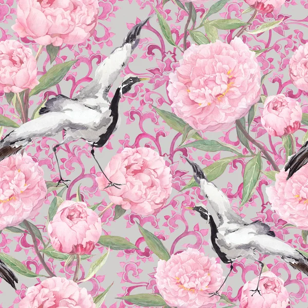 Kraan vogels, bloemen van de pioenroos. Herhalende sier bloemmotief. Aquarel — Stockfoto