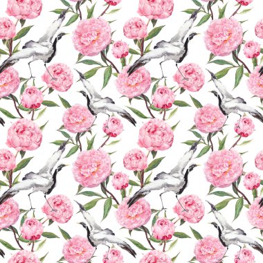 Kuşlar dans, pembe Şakayık çiçekleri vinç. Çiçek yinelenen arka plan. Suluboya