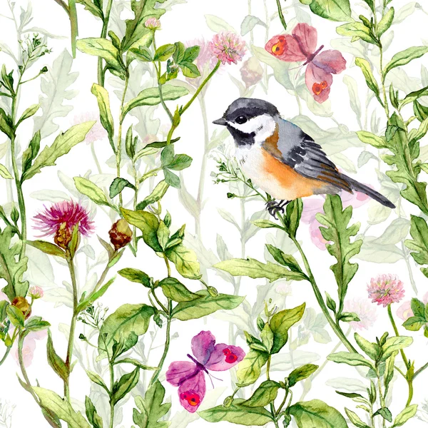 Small bird in spring meadow flowers, butterflies. Repeated pattern. Watercolor — Stock Photo, Image