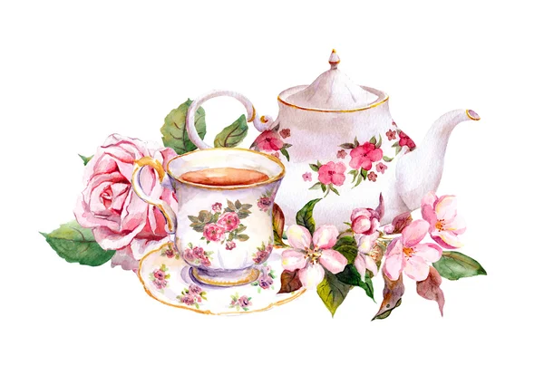 ティーカップ、お茶ポットの花で。ヴィンテージのカード。水彩 — ストック写真