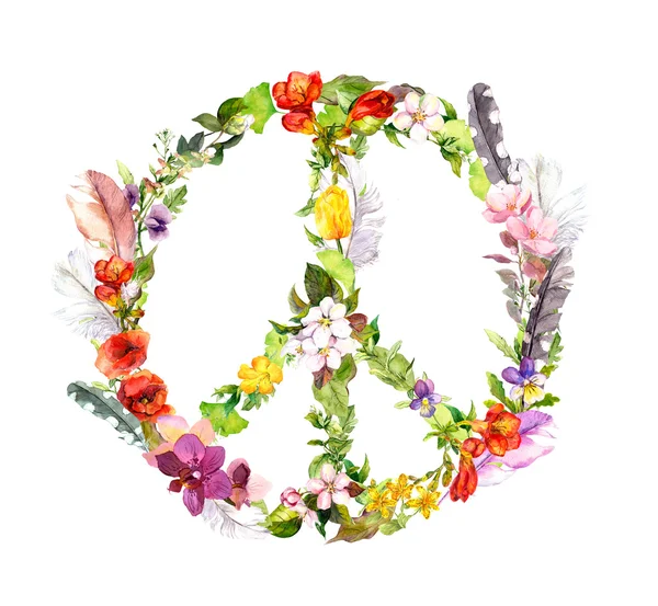 Friedenszeichen mit Blumen, Federn im Boho-Stil. Aquarell — Stockfoto