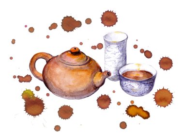 Sulu boya boyalı Çin çay seti, renk lekeler, damla