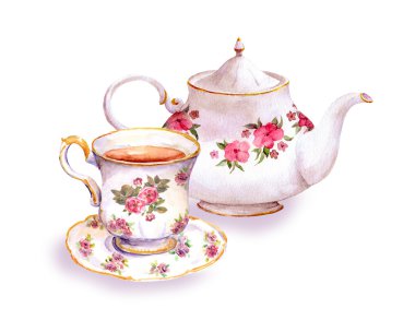 Çiçekli çay fincanı ve çay potu. Suluboya