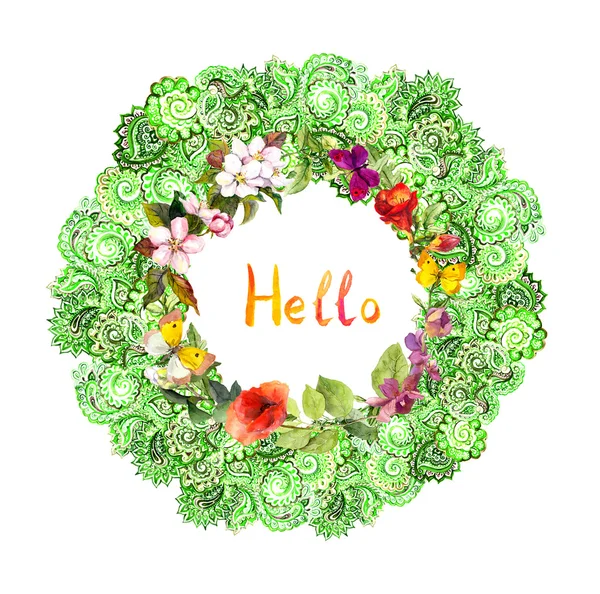 Borda de círculo floral - ornamento decorativo. Flores de prado, borboletas. Aquarela — Fotografia de Stock