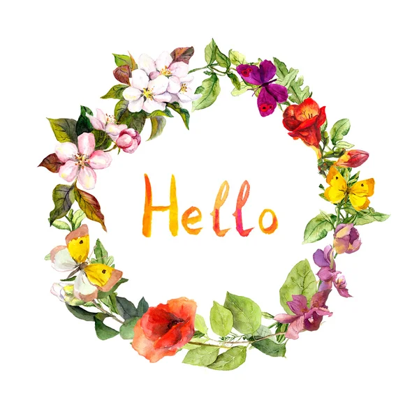 Corona floral con texto Hello. Verano prado flores y mariposas. acuarela Ditsy — Foto de Stock