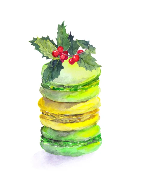 Cookies - macaroons and christmas mistletoe. Watercolor — Stock Photo, Image