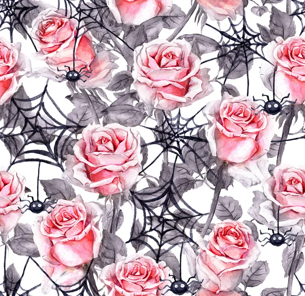 Rosas rosadas, arañas, telas. Halloween repetición de fondo. Acuarela —  Fotos de Stock