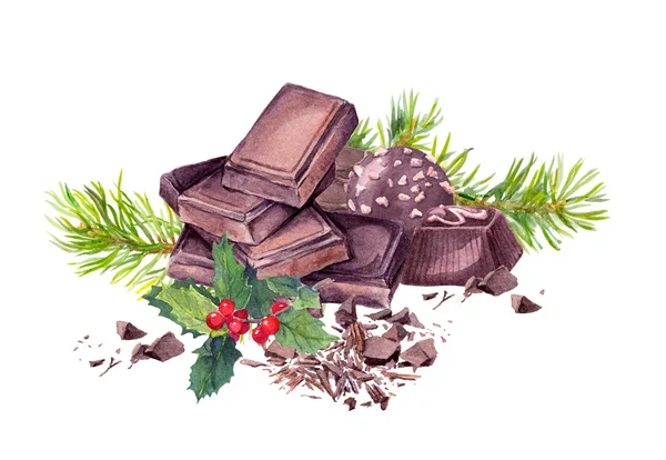 Bloco de chocolate, doces, ramos de árvores de Natal, visco. Aquarela — Fotografia de Stock