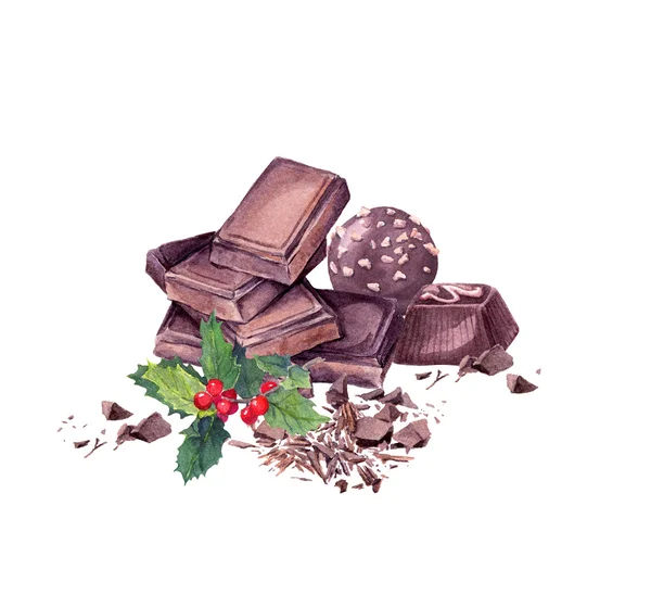 Chocolade blok, snoep, maretak. Kerst zoete aquarel — Stockfoto