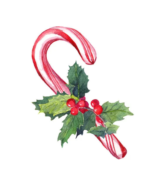 Kerst candy cane met maretak. Aquarel — Stockfoto