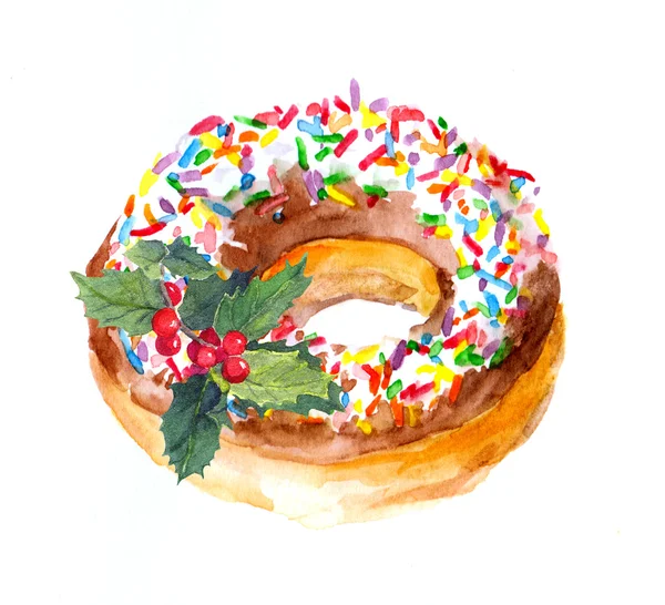 Holiday donut cake with sprinkles topping, christmas mistletoe. Watercolor — Stock Photo, Image