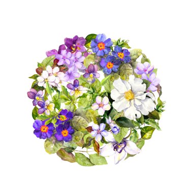 Bahar, yaz daire desen - çayır çiçekler, kelebekler. Sulu Boya