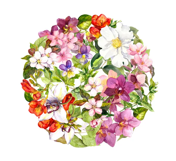 Floral μπάλα - λουλούδια στον κύκλο μοτίβο, πεταλούδες. Ακουαρέλα — Φωτογραφία Αρχείου