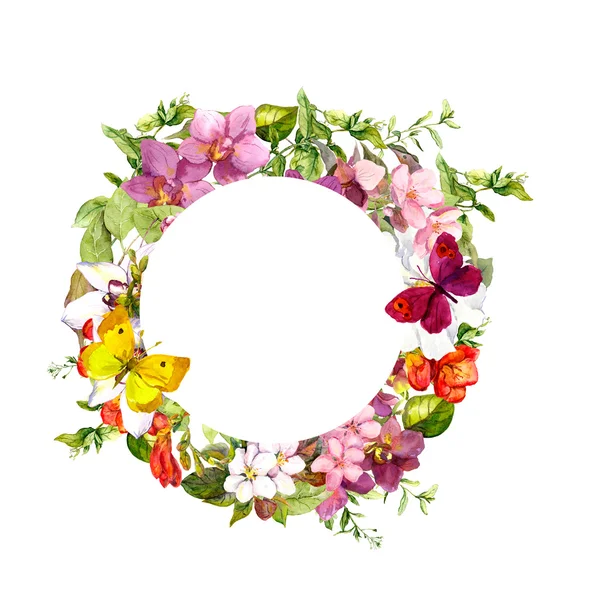 Vlinders, bloemen. Cirkel bloemen krans. Aquarel — Stockfoto