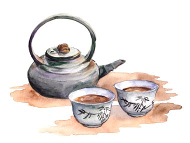 Asya çay seti töreni - çaydanlık, su bardağı için. Suluboya