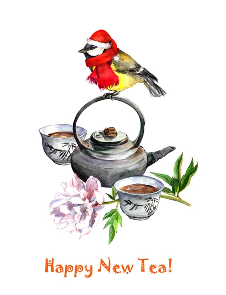 Ptak Sikora, dzbanek do herbaty, kwiat - nowy rok karty. Akwarela — Zdjęcie stockowe