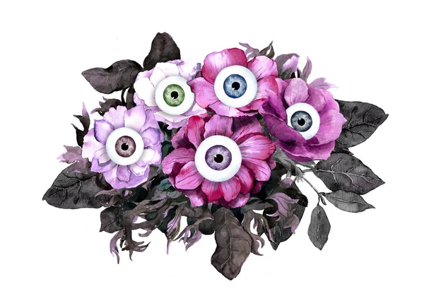 Concept d'Halloween insolite - fleurs roses et noires avec des yeux. Aquarelle — Photo