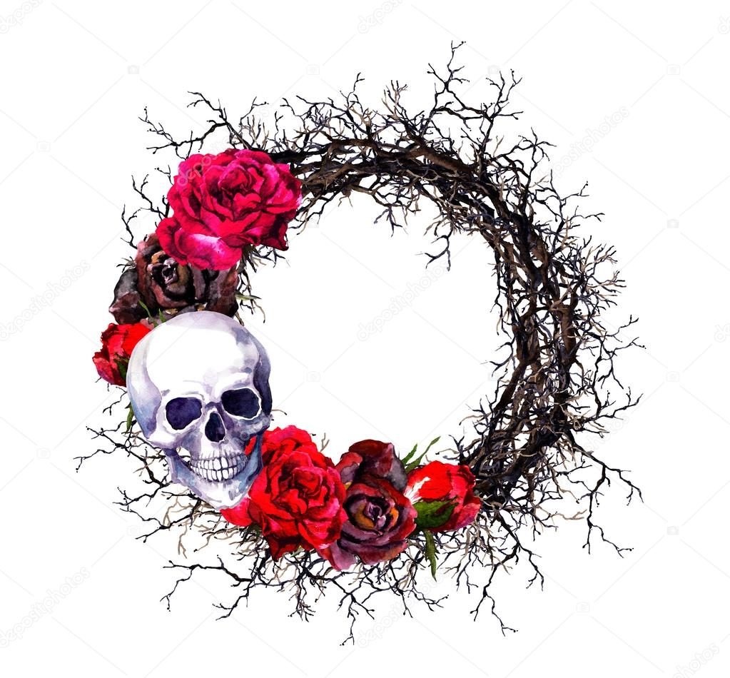 Wreath - skulls, red roses, branches. Watercolor Halloween grunge border