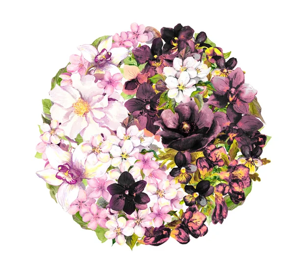 Yin yan, ying yang symbool met bloemen. Aquarel — Stockfoto